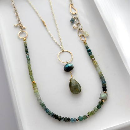 Rooted in Radiance - Sterling Silver Chain and Moss Aquamarine & Labradorite Necklace