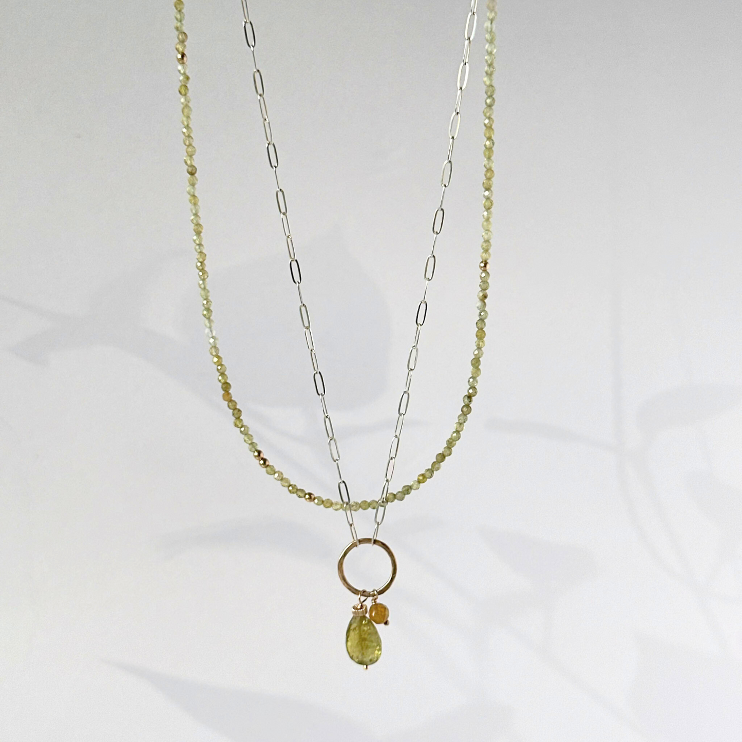 Enlightened Journey - Double Layered Sterling Silver and Gold Hoop Green Garnet Necklace
