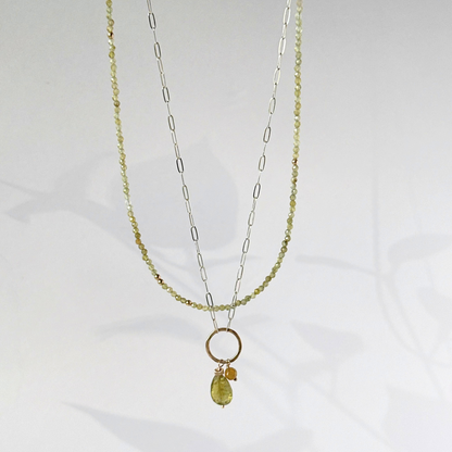 Enlightened Journey - Double Layered Sterling Silver and Gold Hoop Green Garnet Necklace