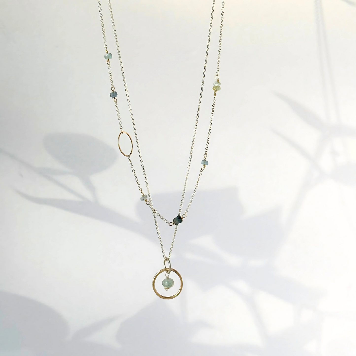 Serene Harmony - Layered Moss Aquamarine Sterling Silver and Gold Hoop Necklace