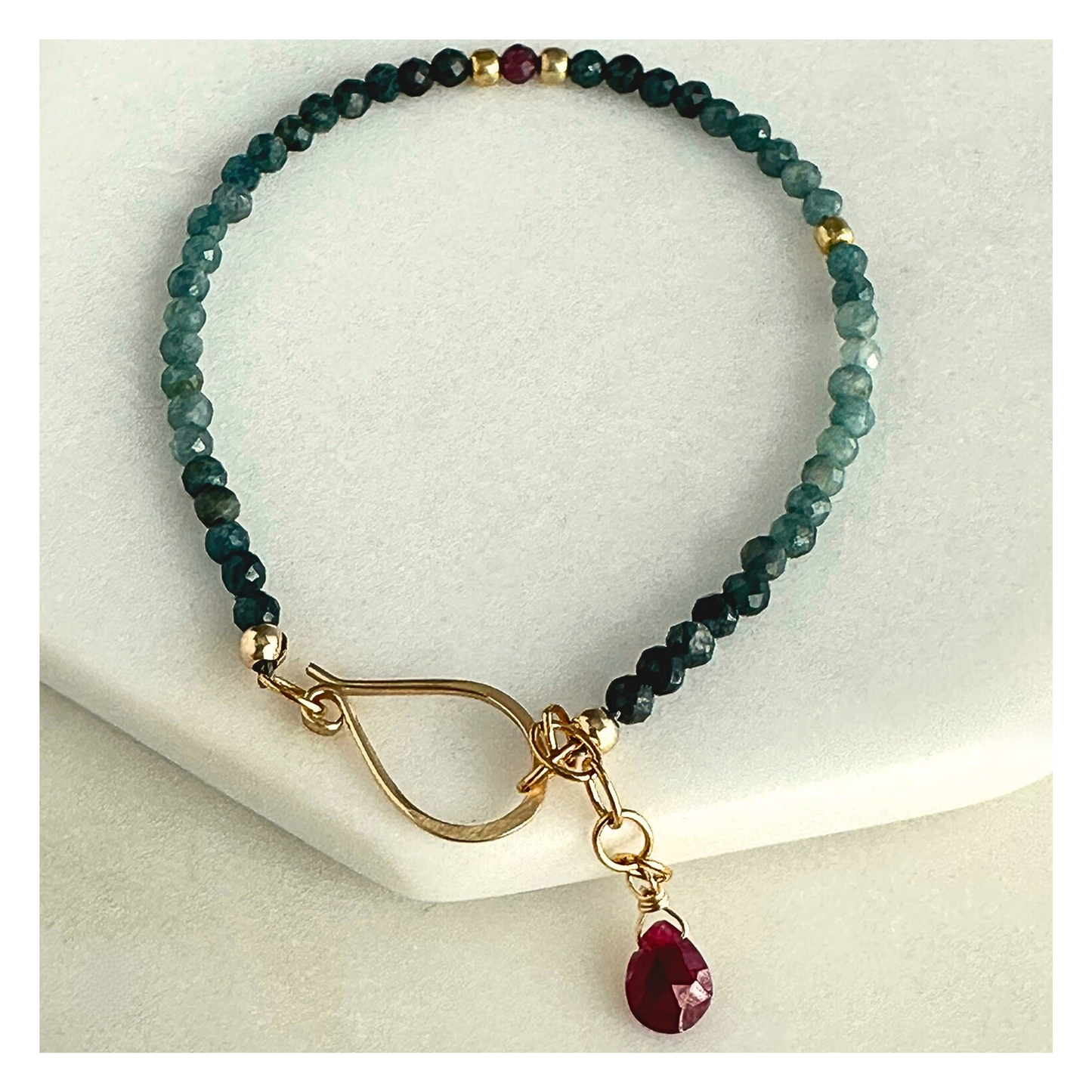 Courage at Sea – Blue Tourmaline & Ruby Gold-Filled Bracelet
