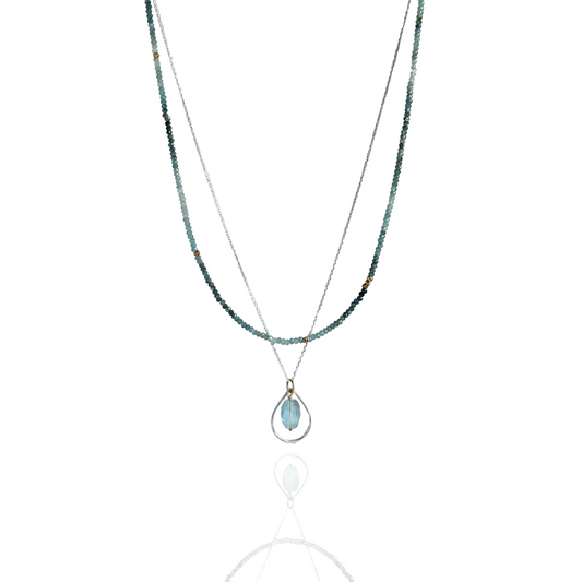 Ocean Blue - Layered Blue Tourmaline and Aquamarine Sterling Silver and Gold Necklace