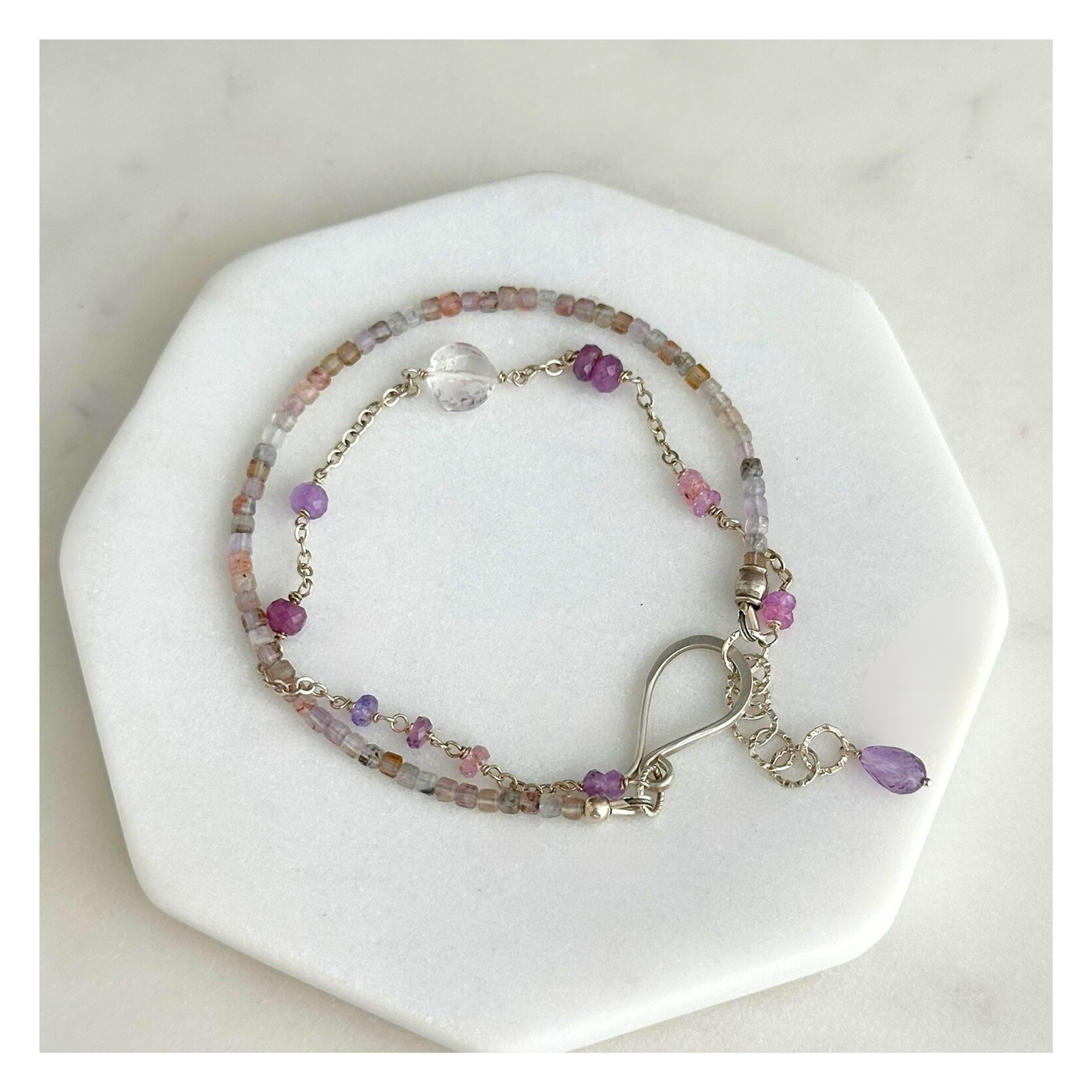 Heart Calm – Pink Sapphire, Amethyst, Ruby & Auralite Sterling Silver Double-Strand Bracelet