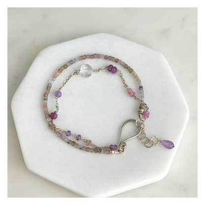 Heart Calm – Pink Sapphire, Amethyst, Ruby & Auralite Sterling Silver Double-Strand Bracelet