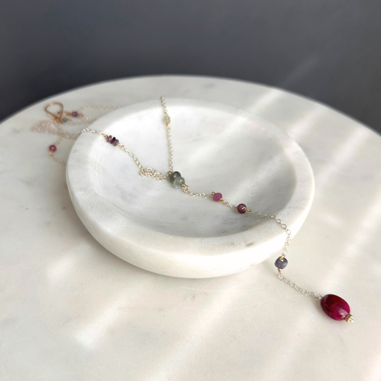 First Light | SS Lariat with Prehnite, Pink & Purple Sapphire, Moss Aquamarine, Iolite & Oval Ruby