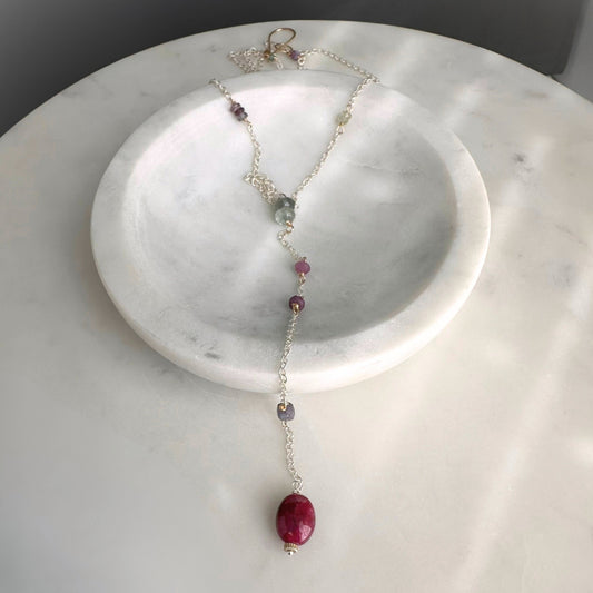 First Light | SS Lariat with Prehnite, Pink & Purple Sapphire, Moss Aquamarine, Iolite & Oval Ruby