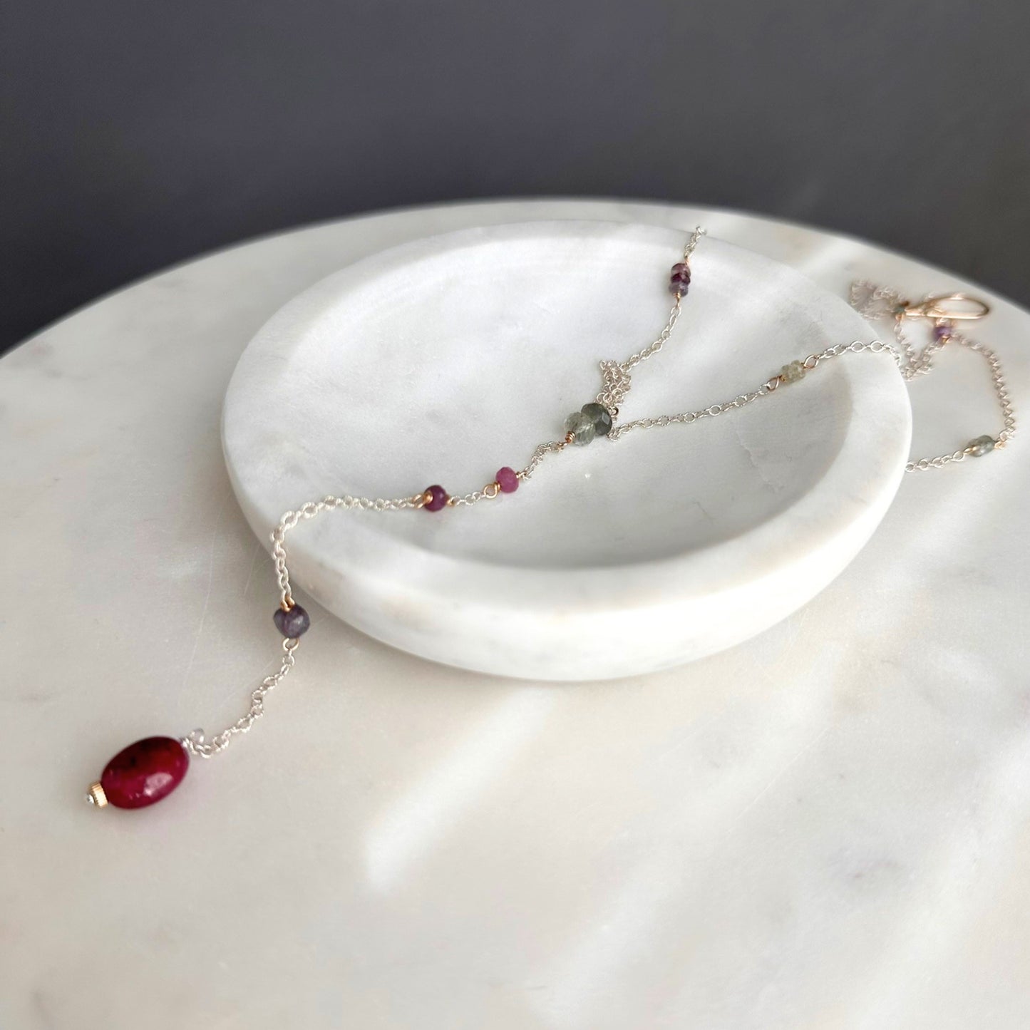 First Light | SS Lariat with Prehnite, Pink & Purple Sapphire, Moss Aquamarine, Iolite & Oval Ruby
