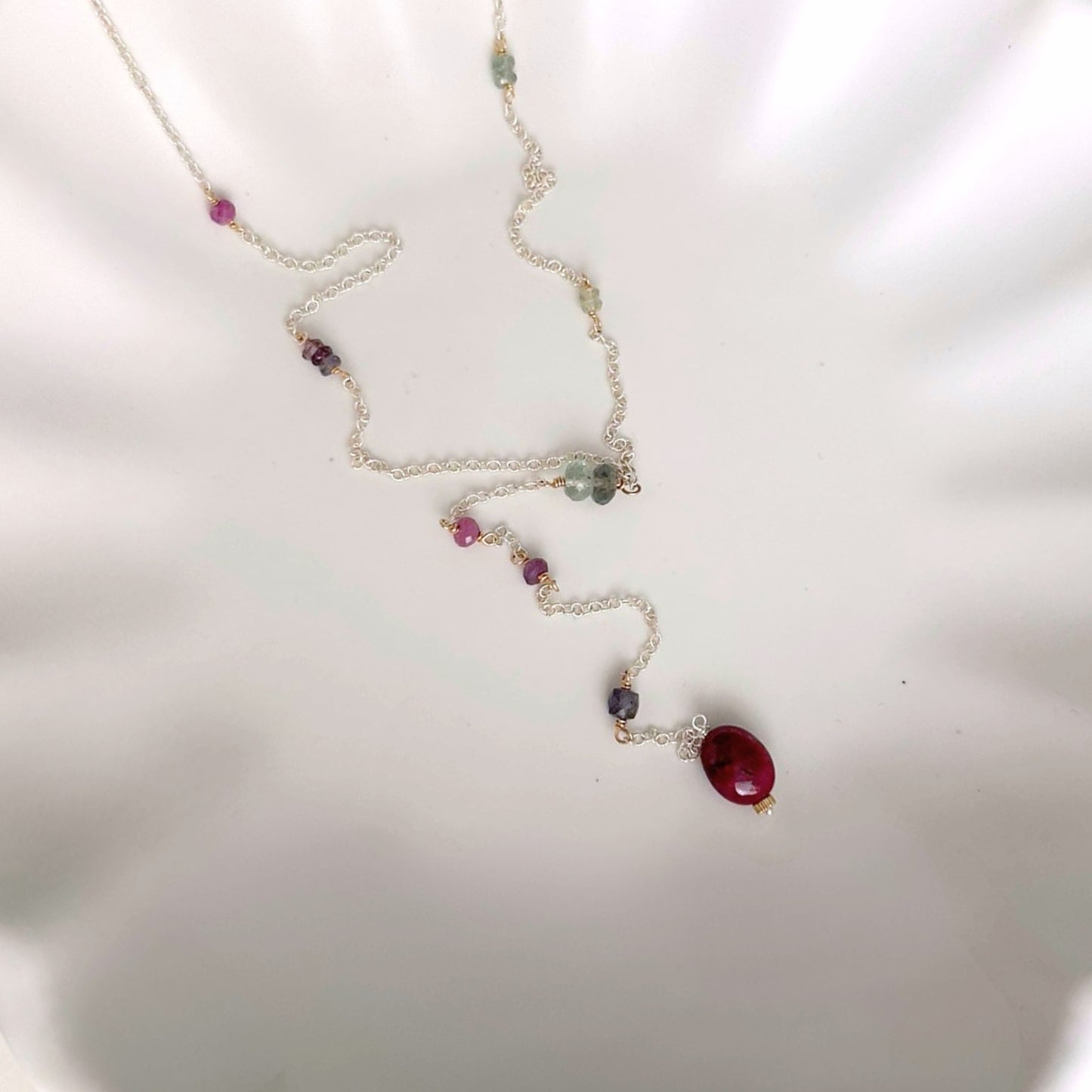 First Light | SS Lariat with Prehnite, Pink & Purple Sapphire, Moss Aquamarine, Iolite & Oval Ruby