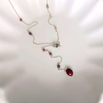 First Light | SS Lariat with Prehnite, Pink & Purple Sapphire, Moss Aquamarine, Iolite & Oval Ruby