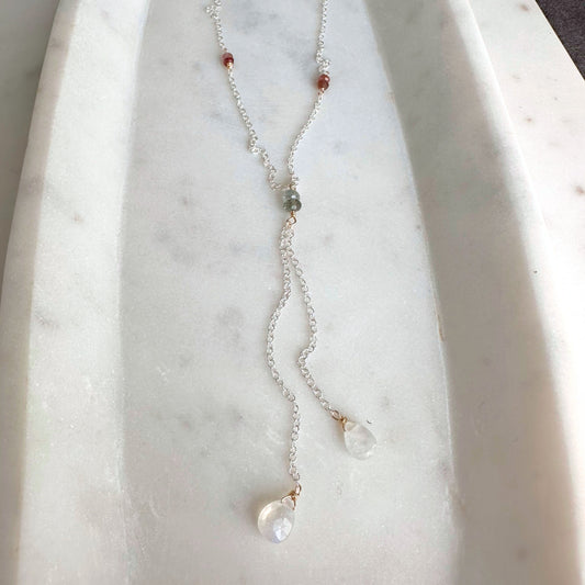 Light of the Moon | Sterling Silver & Gold Lariat with Pink Sapphire and Moss Aquamarine