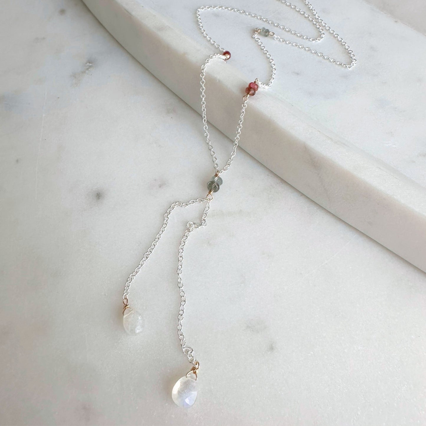 Light of the Moon | Sterling Silver & Gold Lariat with Pink Sapphire and Moss Aquamarine