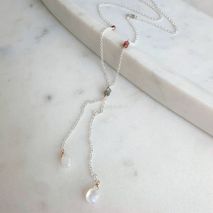 Light of the Moon | Sterling Silver & Gold Lariat with Pink Sapphire and Moss Aquamarine