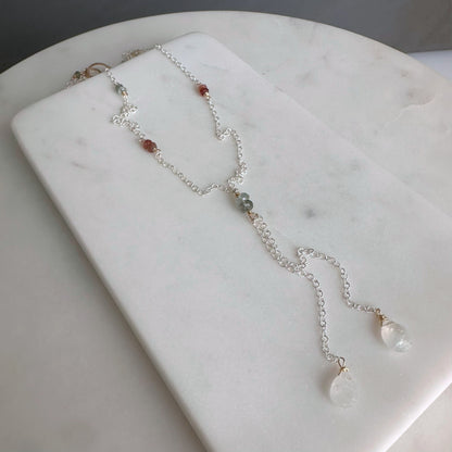Light of the Moon | Sterling Silver & Gold Lariat with Pink Sapphire and Moss Aquamarine