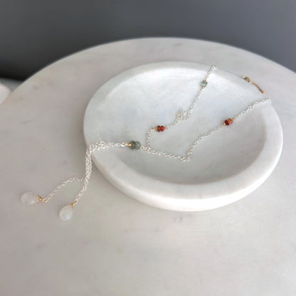 Light of the Moon | Sterling Silver & Gold Lariat with Pink Sapphire and Moss Aquamarine