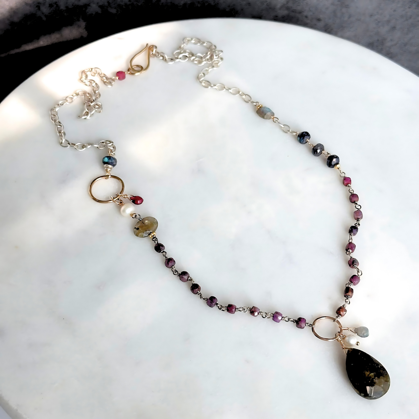 Midnight in Bloom - Beaded Asymmetric Sterling Silver, Ruby and Labroadorite Necklace