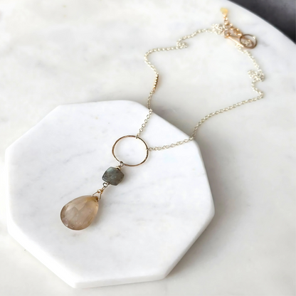 Golden Light Lariat - Sterling Silver Labradorite & Rutilated Quartz Lariat Necklace