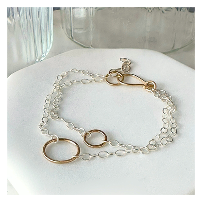 Connected to You — Double Sterling Silver Chain & Gold Hoops Bracelet