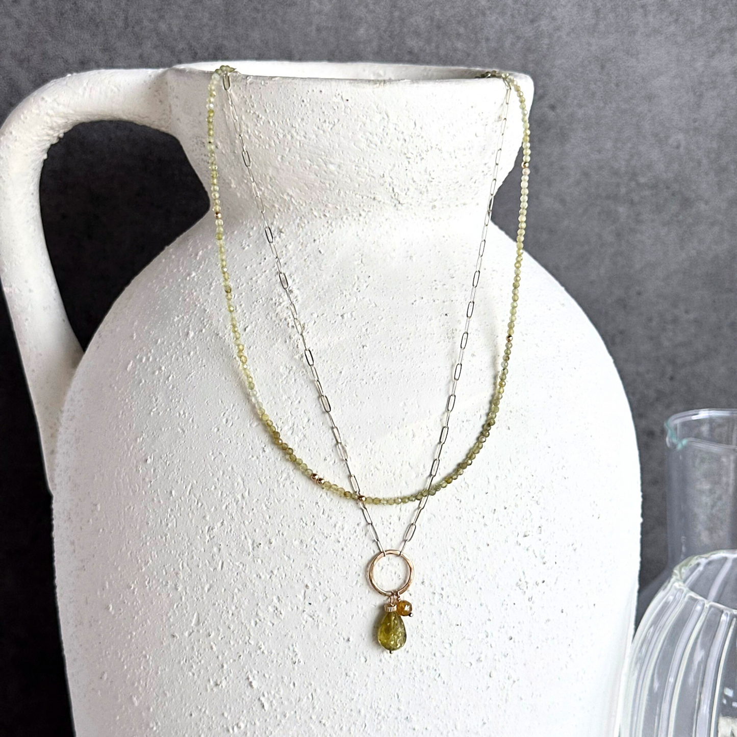 Enlightened Journey - Double Layered Sterling Silver and Gold Hoop Green Garnet Necklace