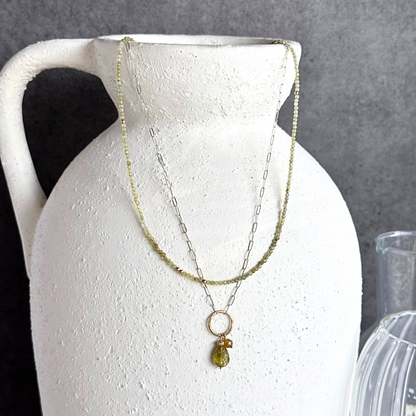 Enlightened Journey - Double Layered Sterling Silver and Gold Hoop Green Garnet Necklace