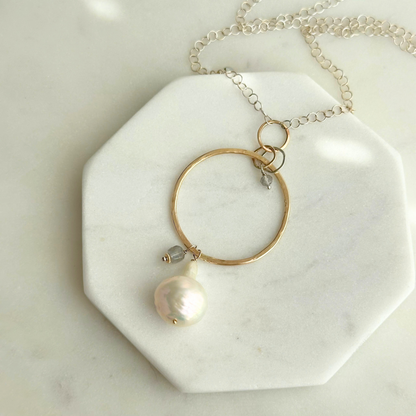 A Drop of Wisdom - Freshwater Pearl and Labradorite Silver and Gold Necklace