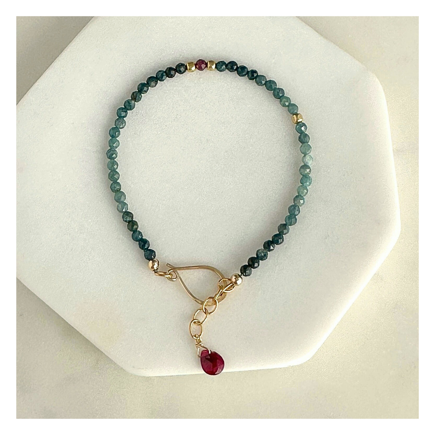 Courage at Sea – Blue Tourmaline & Ruby Gold-Filled Bracelet