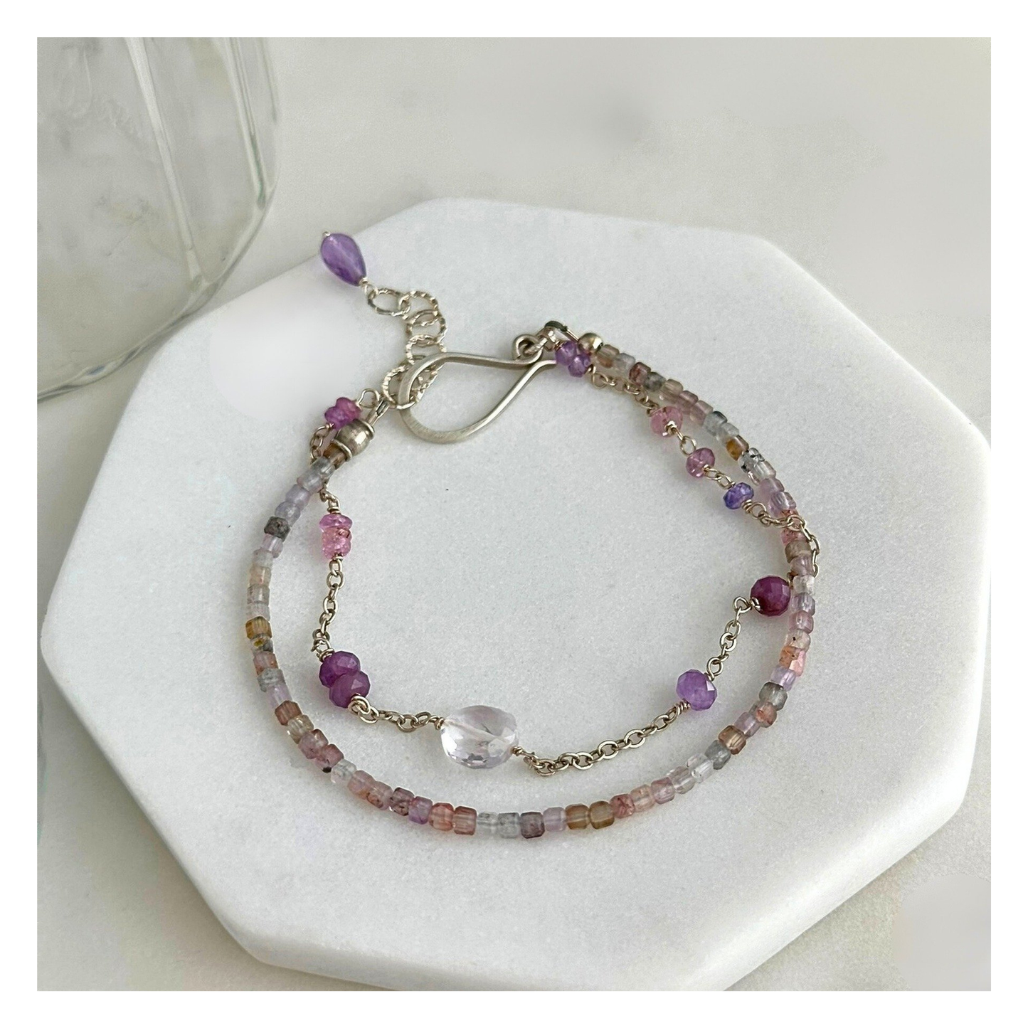 Heart Calm – Pink Sapphire, Amethyst, Ruby & Auralite Sterling Silver Double-Strand Bracelet