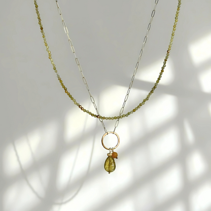 Enlightened Journey - Double Layered Sterling Silver and Gold Hoop Green Garnet Necklace