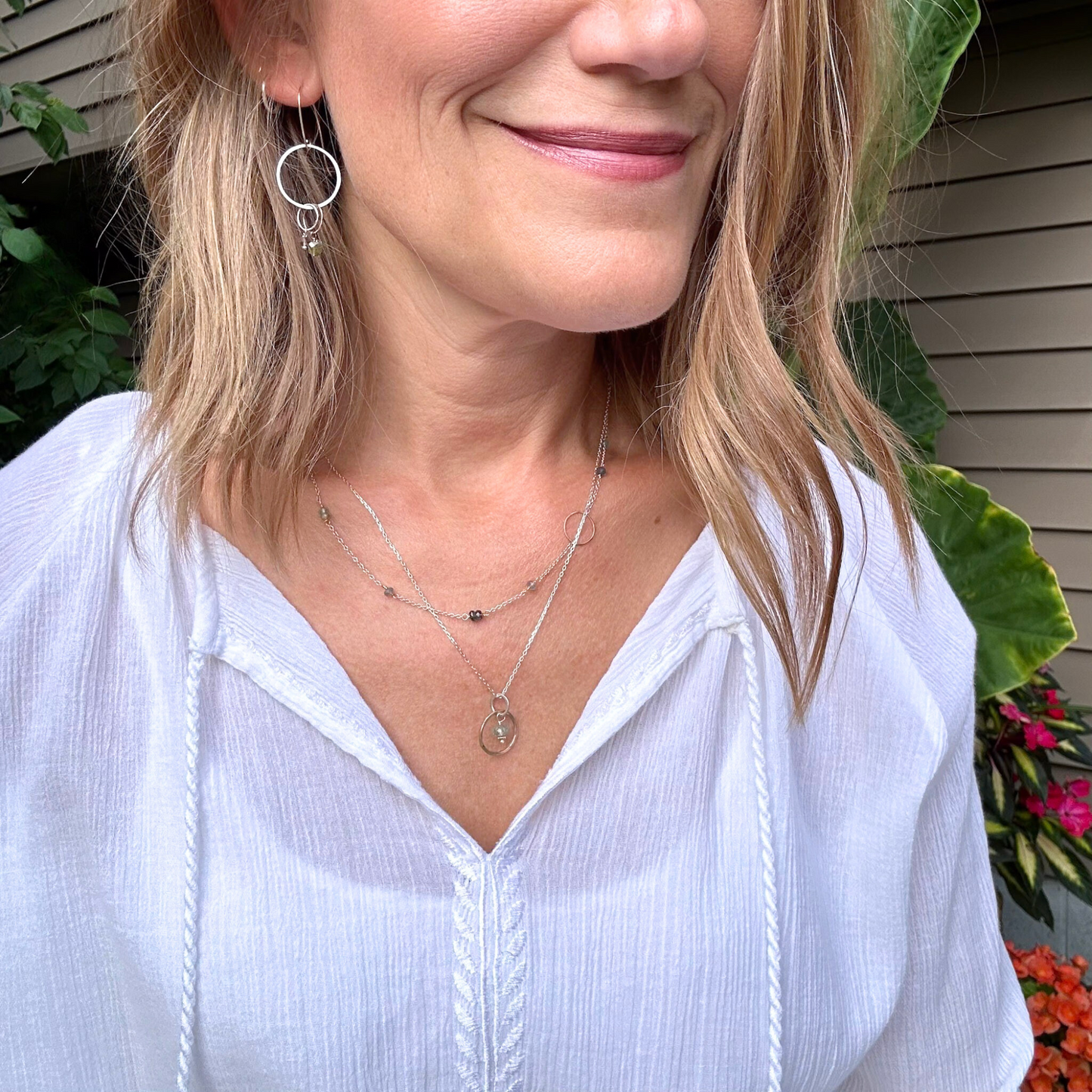 Serene Harmony - Layered Moss Aquamarine Sterling Silver and Gold Hoop Necklace