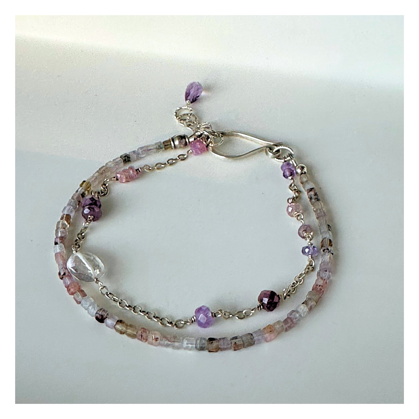 Heart Calm – Pink Sapphire, Amethyst, Ruby & Auralite Sterling Silver Double-Strand Bracelet