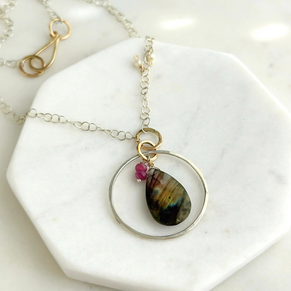 Radiant Insight - Sterling Silver Labradorite & Ruby Necklace