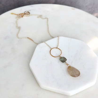 Golden Light Lariat - Sterling Silver Labradorite & Rutilated Quartz Lariat Necklace