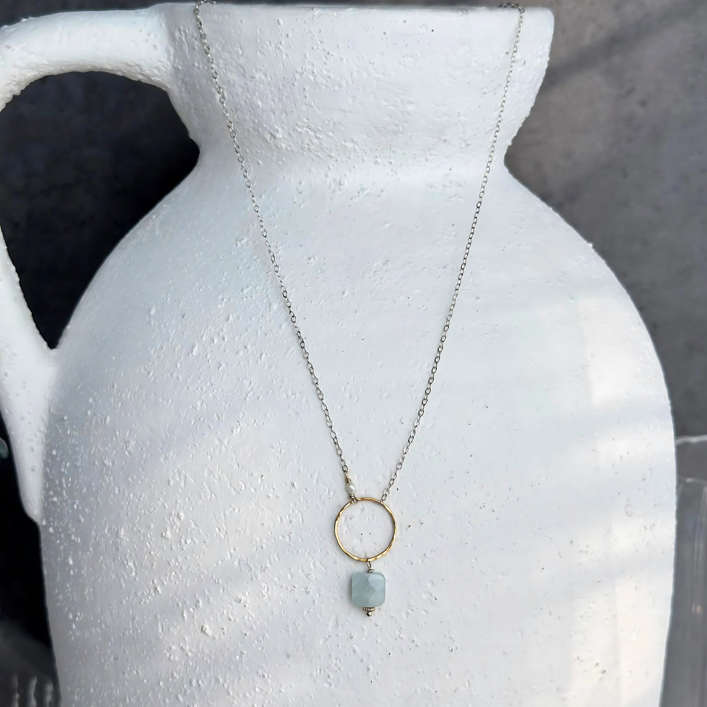 Bonded by Light - Dainty Aquamarine Sterling Silver and Gold Hoop Necklace