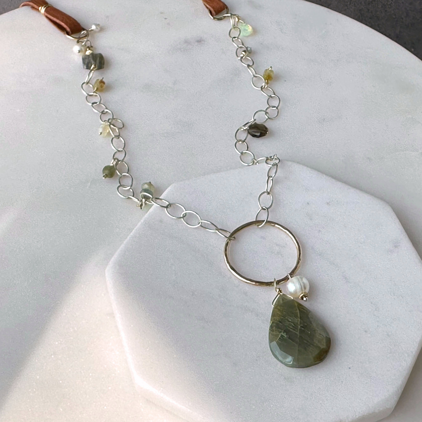 Eye of the Beholder - Boho Leather and Sterling Silver and Cat's Eye Necklace