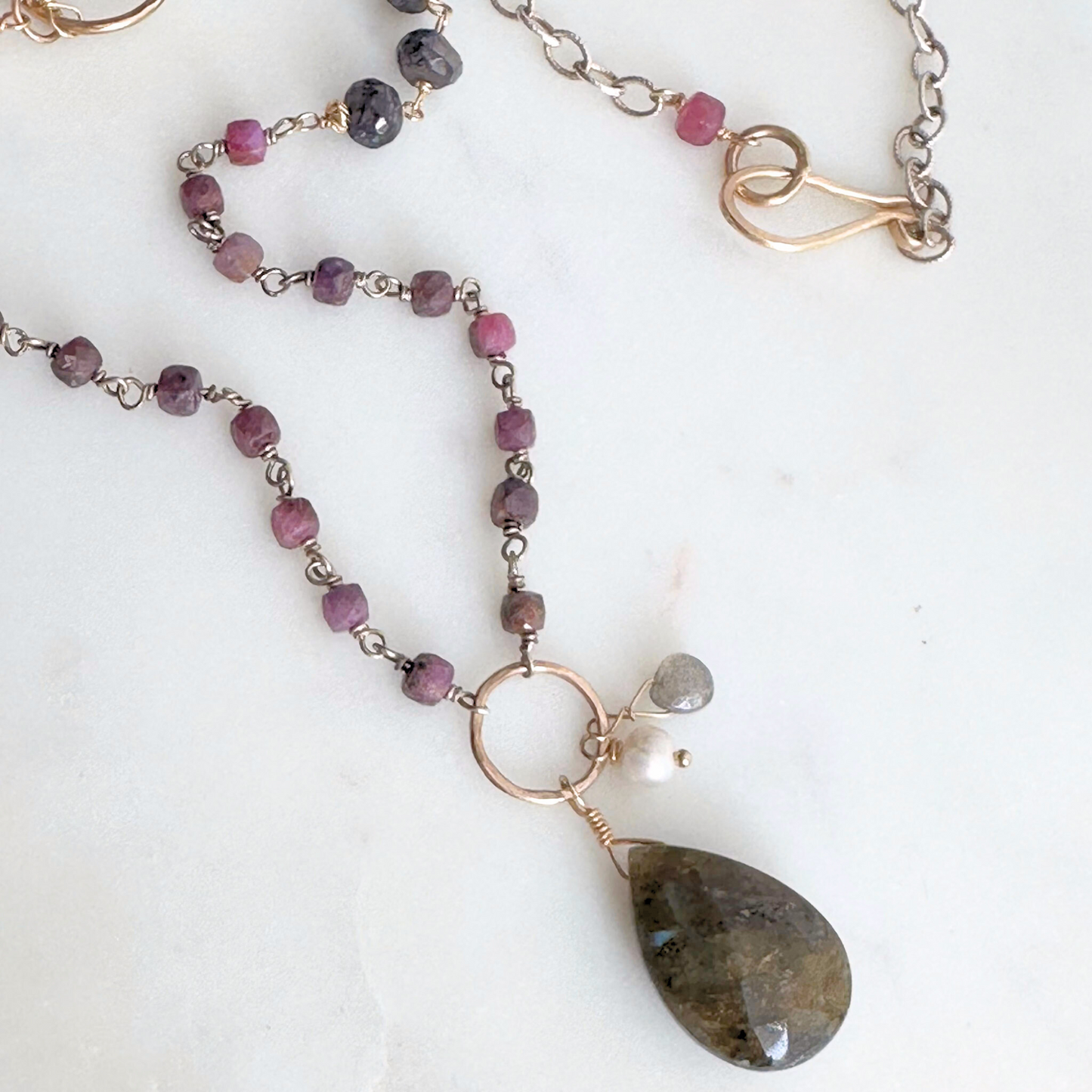 Midnight in Bloom - Beaded Asymmetric Sterling Silver, Ruby and Labroadorite Necklace
