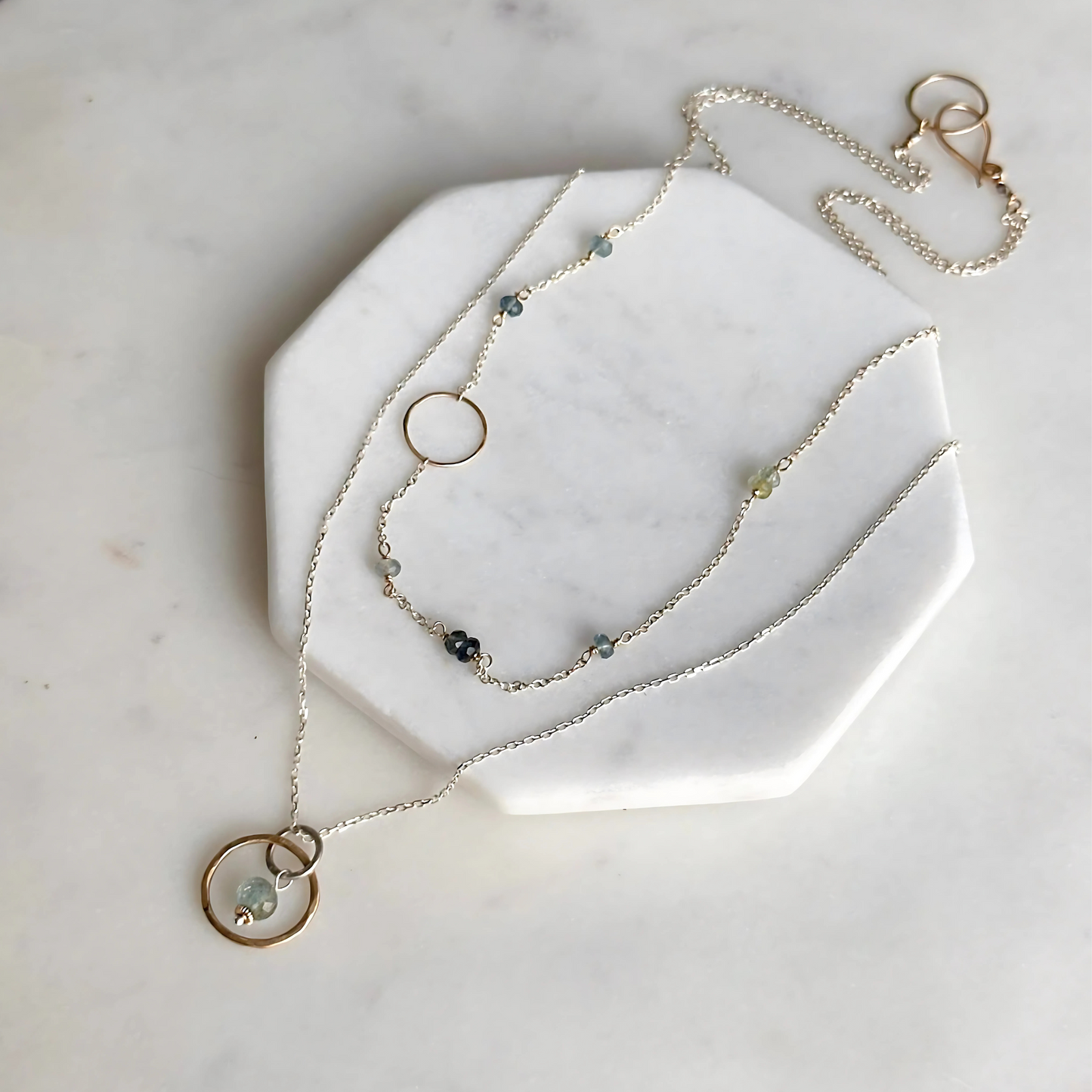 Serene Harmony - Layered Moss Aquamarine Sterling Silver and Gold Hoop Necklace
