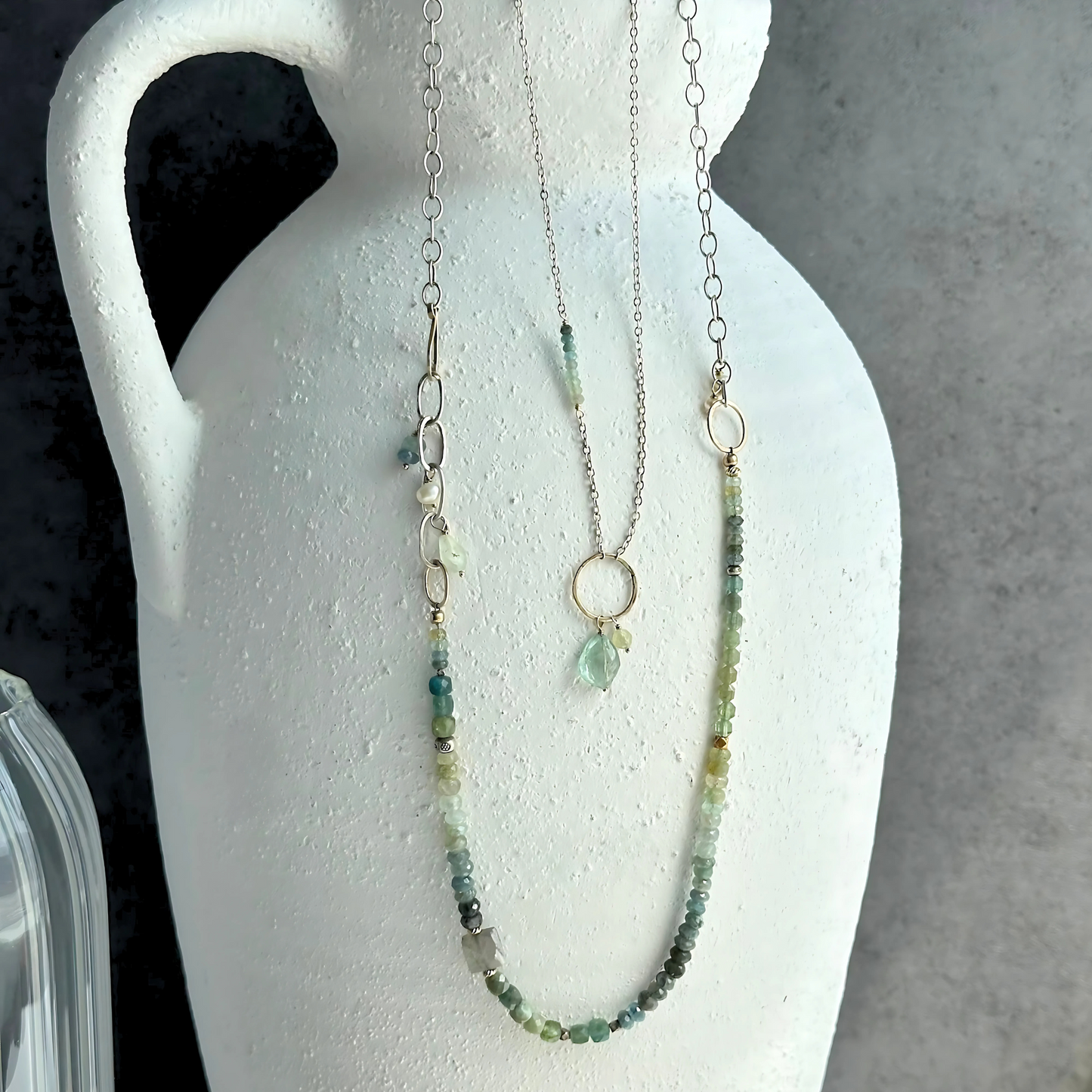 Rooted in Radiance - Sterling Silver Chain and Moss Aquamarine & Labradorite Necklace