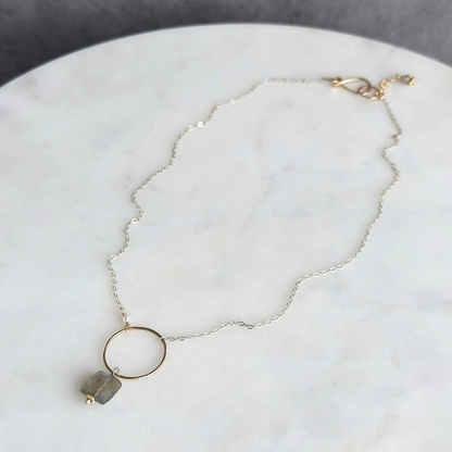 Radiant Balance - Sterling Silver, Labradorite and Pearl Hoop Necklace