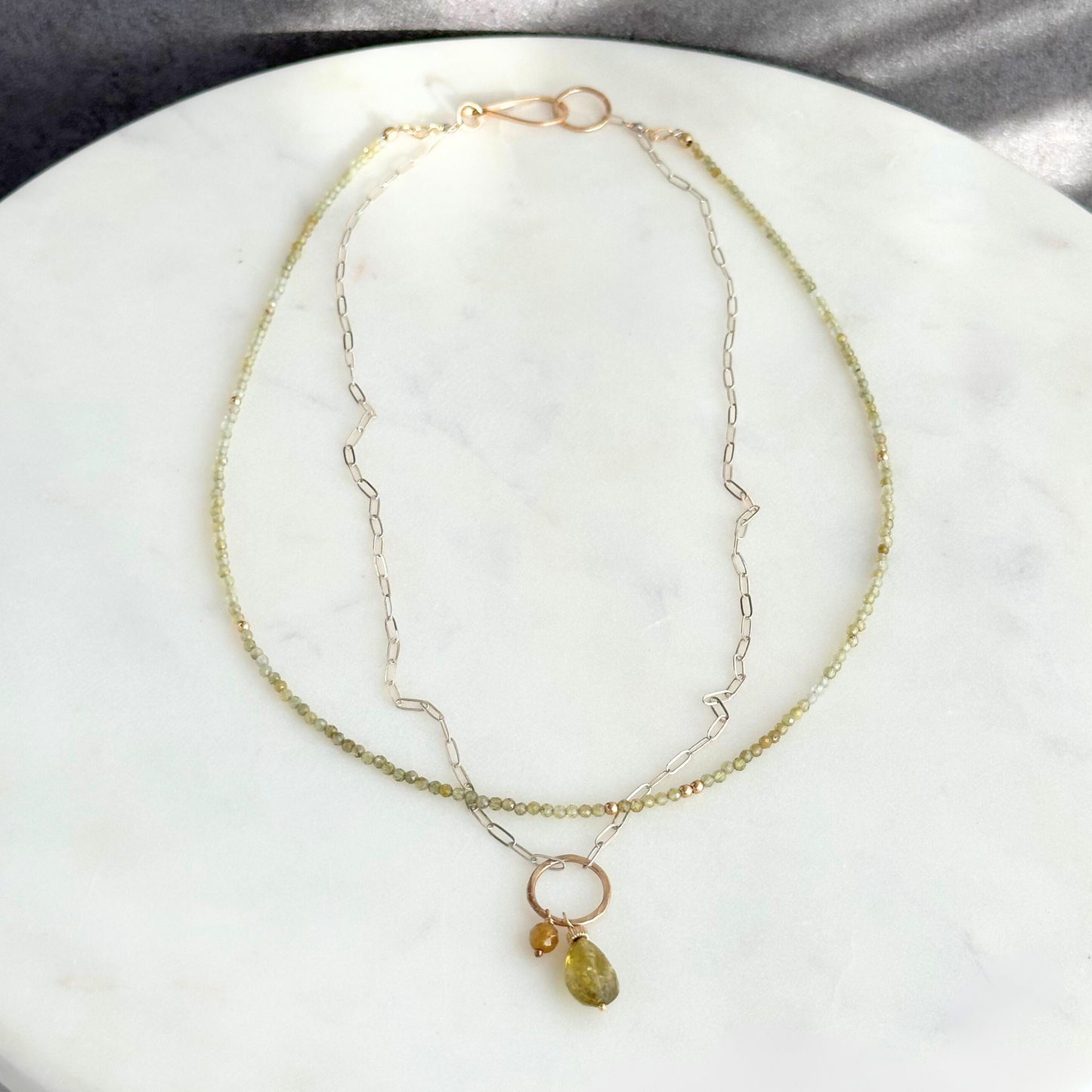 Enlightened Journey - Double Layered Sterling Silver and Gold Hoop Green Garnet Necklace