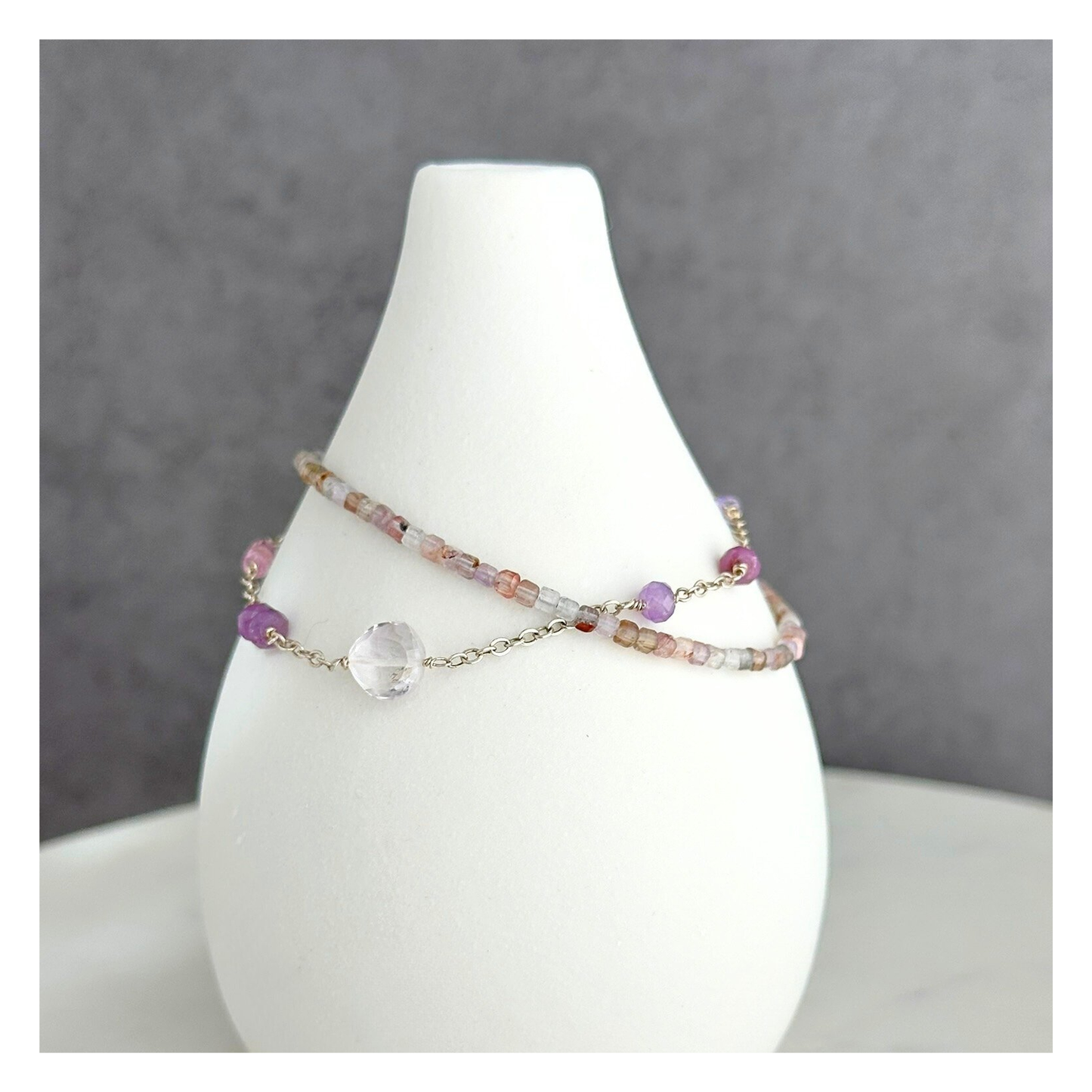 Heart Calm – Pink Sapphire, Amethyst, Ruby & Auralite Sterling Silver Double-Strand Bracelet