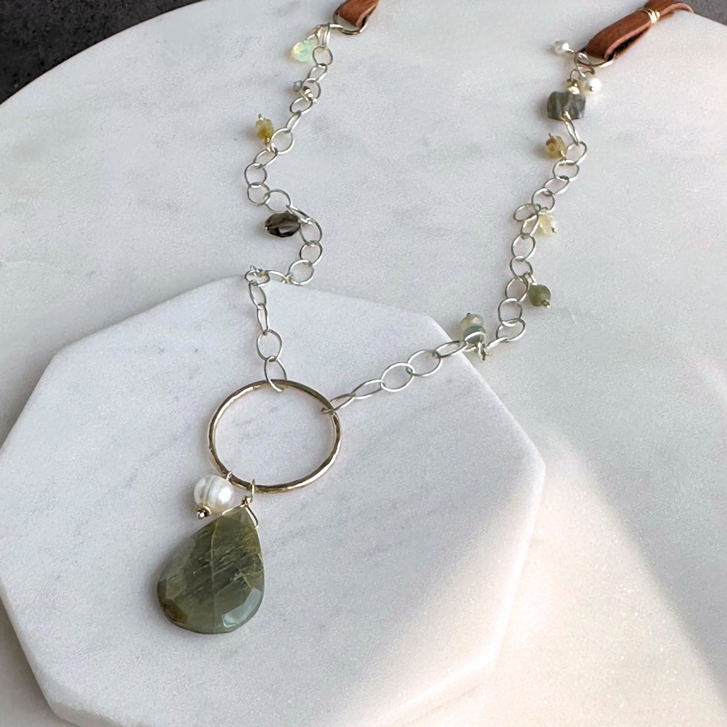Eye of the Beholder - Boho Leather and Sterling Silver and Cat's Eye Necklace