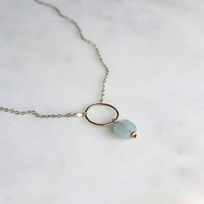 Bonded by Light - Dainty Aquamarine Sterling Silver and Gold Hoop Necklace