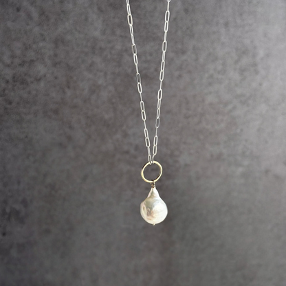 Elegant Whisper - Sterling Silver and Gold Hoop Freshwater Pearl Necklace