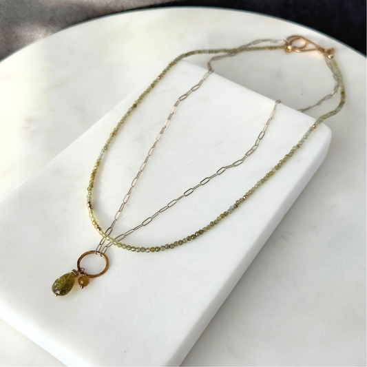 Enlightened Journey - Double Layered Sterling Silver and Gold Hoop Green Garnet Necklace