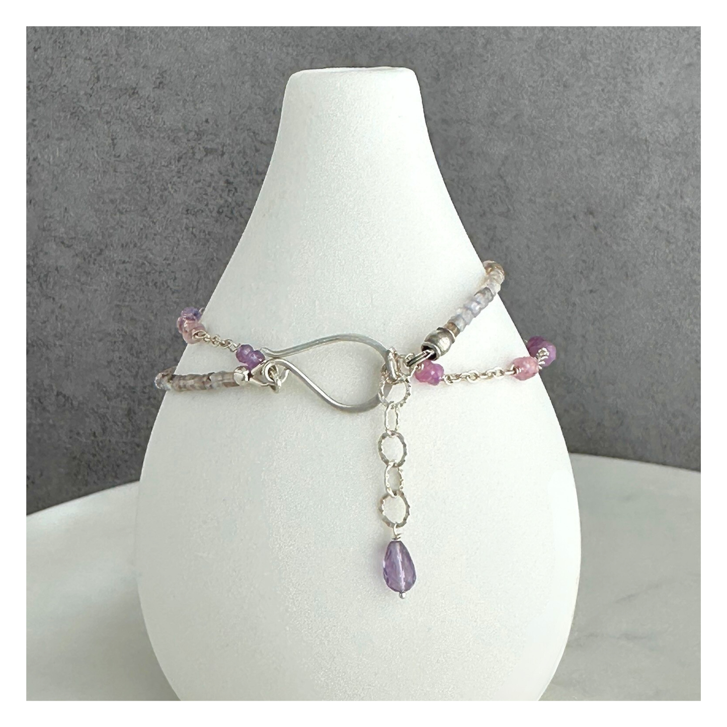 Heart Calm – Pink Sapphire, Amethyst, Ruby & Auralite Sterling Silver Double-Strand Bracelet