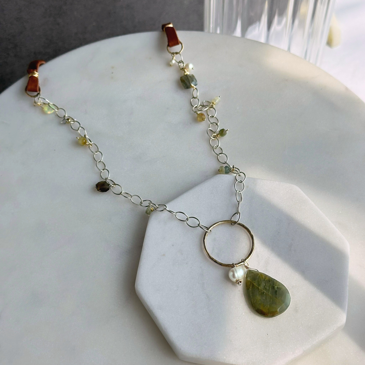 Eye of the Beholder - Boho Leather and Sterling Silver and Cat's Eye Necklace
