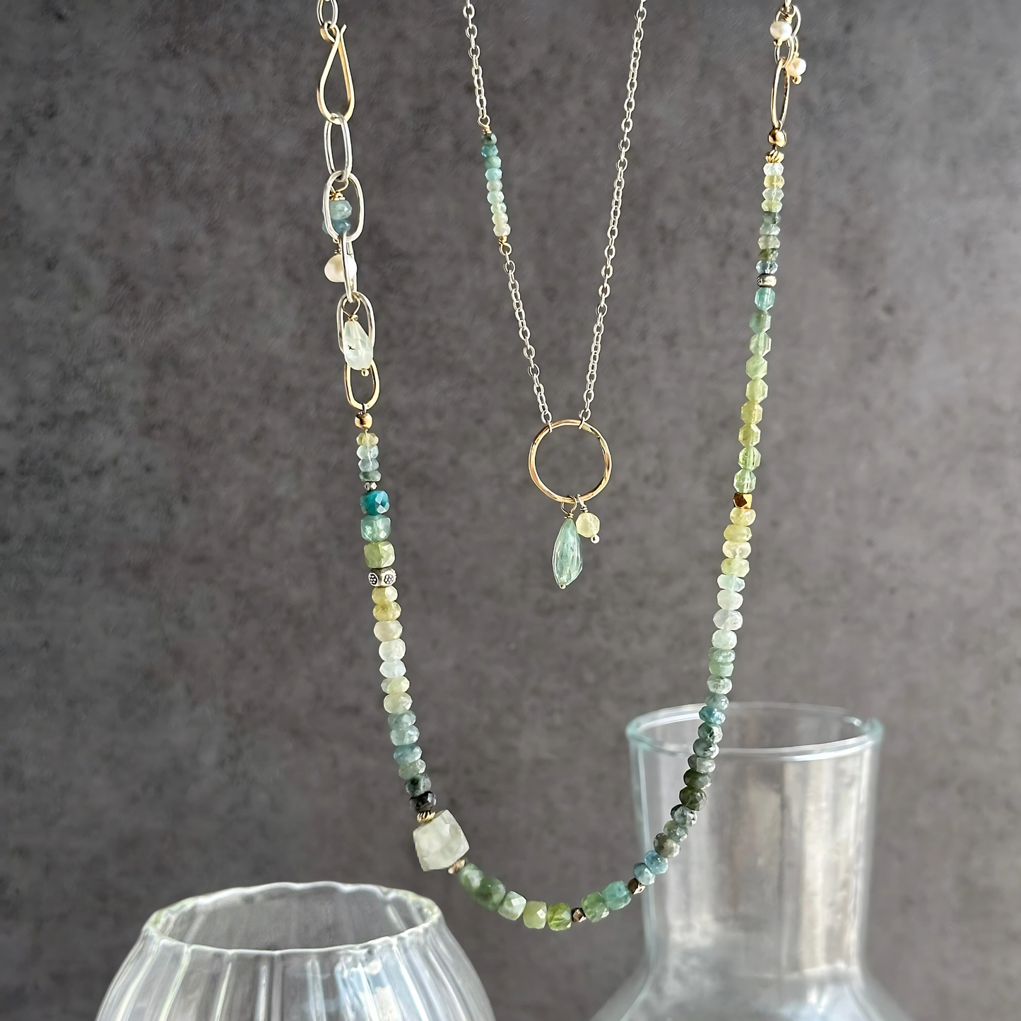 Rooted in Radiance - Sterling Silver Chain and Moss Aquamarine & Labradorite Necklace