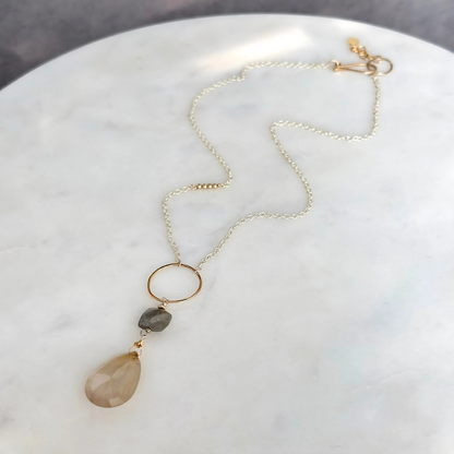 Golden Light Lariat - Sterling Silver Labradorite & Rutilated Quartz Lariat Necklace