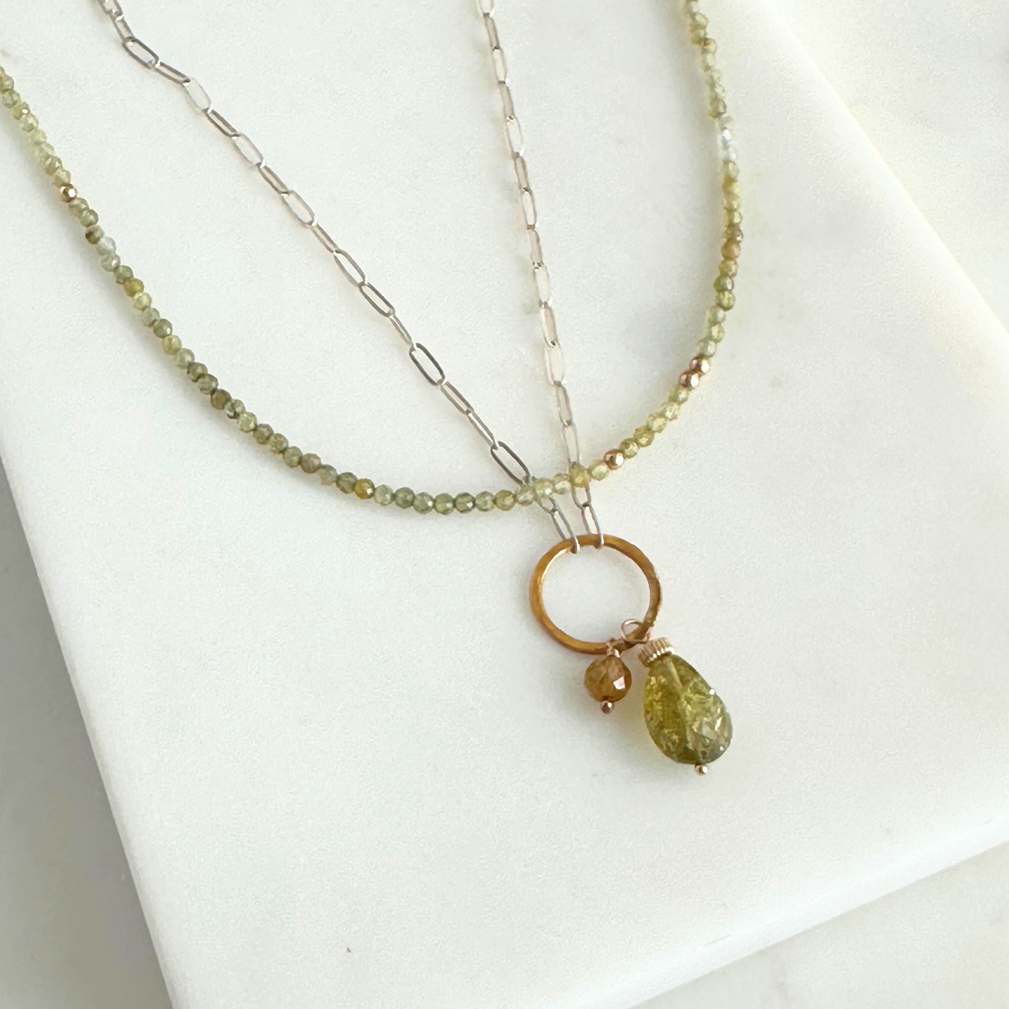 Enlightened Journey - Double Layered Sterling Silver and Gold Hoop Green Garnet Necklace