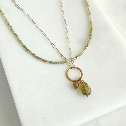 Enlightened Journey - Double Layered Sterling Silver and Gold Hoop Green Garnet Necklace