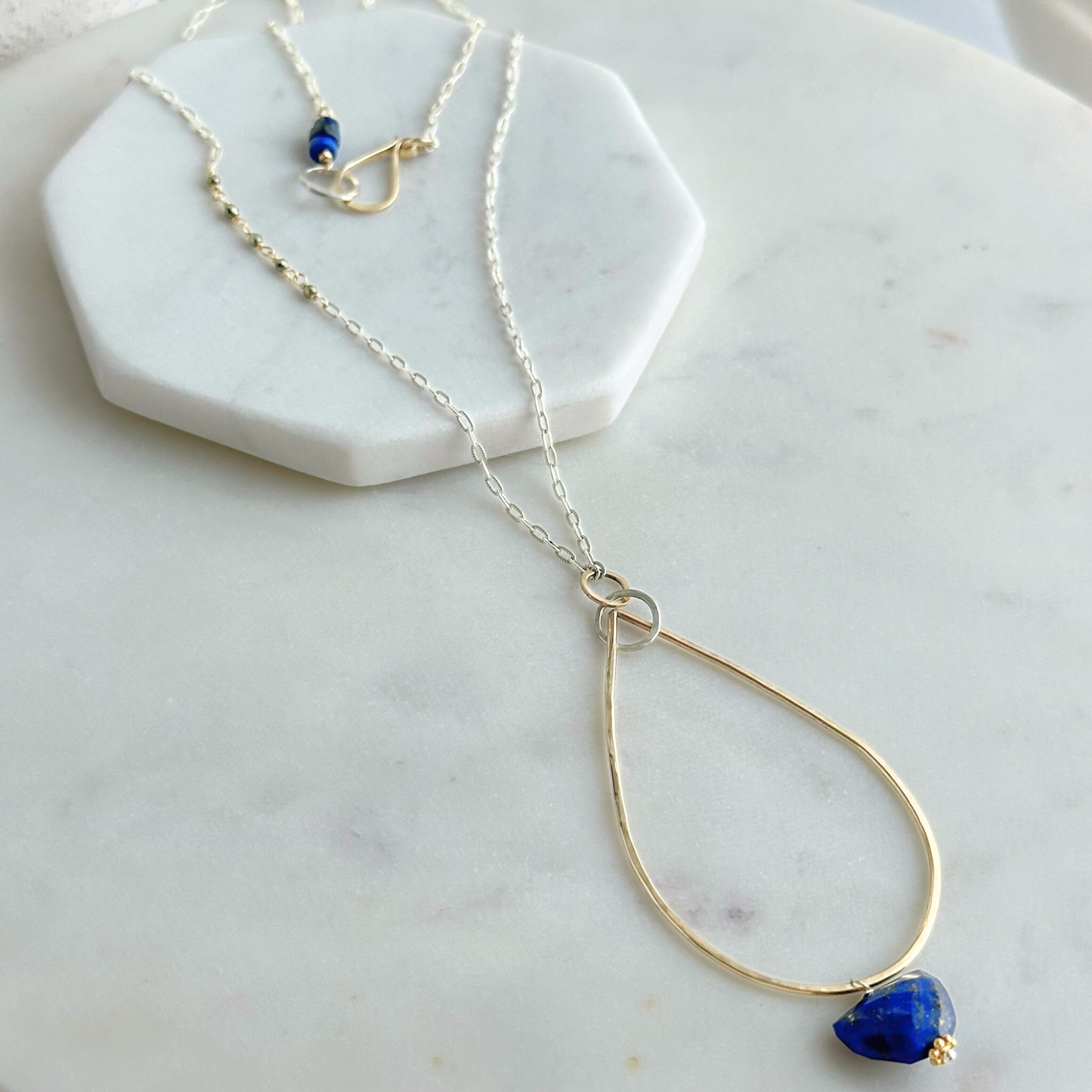Clarity in Blue - Sterling Silver and Gold Hoop Lapis Necklace